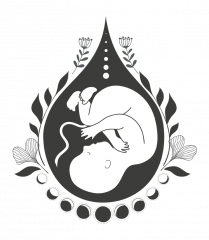 Illustration eines Babys im Uterus, umgeben von Pflanzen und den Mondphasen.